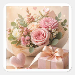 Quadrado Adesivo de Presente Floral Rosa Romântico