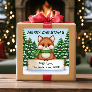 Quadrado Adesivo de presente personalizado de Natal Raposa
