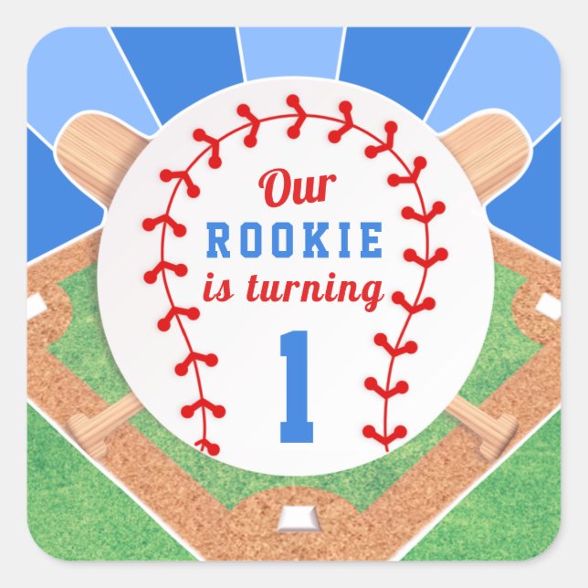 Quadrado Adesivo de primeiro aniversario Rookie Baseball (Frente)