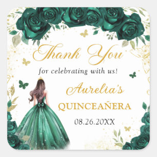 Quadrado Adesivo de Princesa Quinceañera Floral Verde Esmer