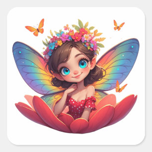 Quadrado ✨ Adesivo de Rosa de Princesa Fada Para Meninas e
