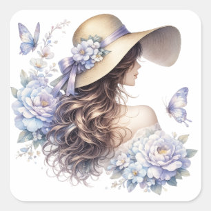Quadrado Adesivo de Senhora Floral Azul Elegante