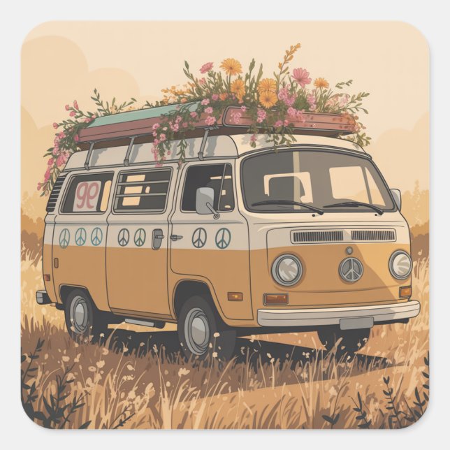 Quadrado Adesivo de Van Camper Retro –  (Frente)