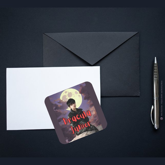 Quadrado Adesivo do Dracula Júnior (DJ Sticker / Envelope Seal designed by Poet Adiela Akoo. Browse my store for great gift ideas & more)