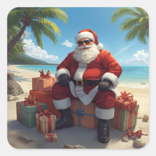 Quadrado Adesivo do Papai Noel Tropical – Natal na Praia