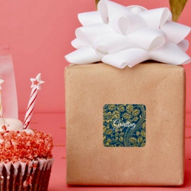 Quadrado Adesivo Elegância Azul Dourada (Decorate your gifts or envelopes with this beautiful floral sticker. 
)