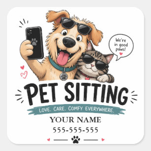 Quadrado Adesivo engraçado de pet Sitter com nome e telefon