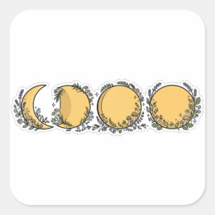 Quadrado Adesivo Estético Botânico de Fases Lunares Witchy