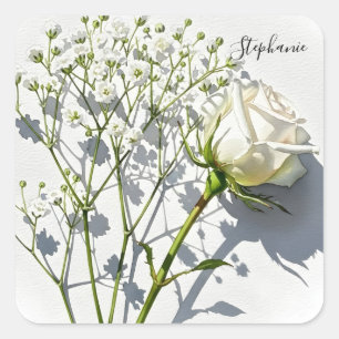 Quadrado Adesivo Floral Rosa Branca Personalizado