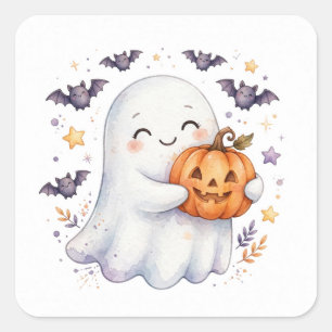Quadrado Adesivo Fofo de Halloween Fantasma Abraçando Abóbo