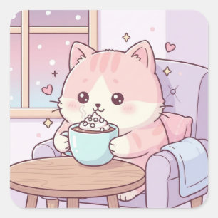 Quadrado Adesivo Gato Aconchegante – Kawaii Fofinho Pastel