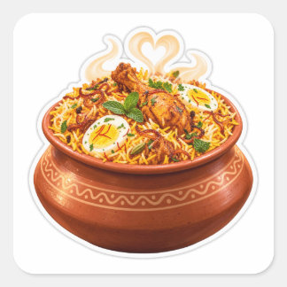 Quadrado Adesivo Kawaii Biryani, Handi de Comida Indiana Fo