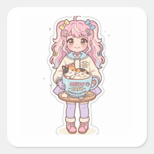 Quadrado Adesivo Kawaii Chibi Garota do Anime Neko Cafe