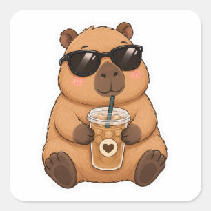 Quadrado Adesivo Kawaii de Capivara Fofa Amante de Café