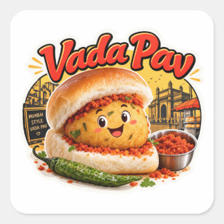 Quadrado Adesivo Kawaii Vada Pav, Comida de Rua Retro de Mu