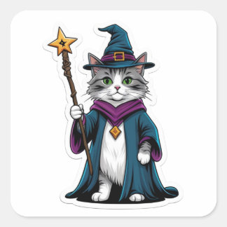 Quadrado Adesivo Mini gato feiticeiro com cajado mágico