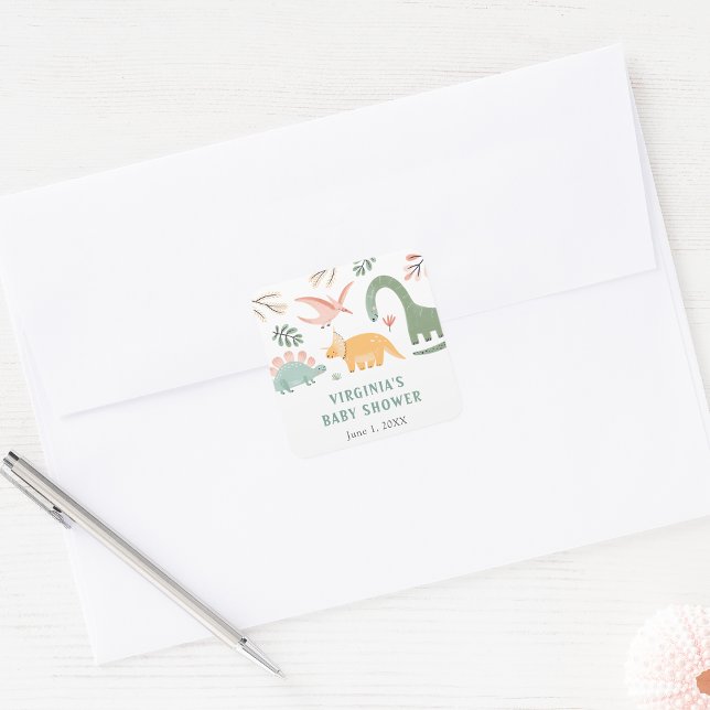 Quadrado Adesivo para Chá de Bebê de Dinossauro (Dinosaur Themed Baby Shower Sticker by Painted Paperie
)