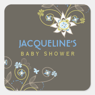 Quadrado Adesivo para Chá de Bebê Menino com Flores Azuis D
