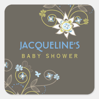 Quadrado Adesivo para Chá de Bebê Menino com Flores Azuis D
