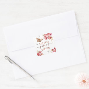 Quadrado Adesivo Personalizado de Batismo de Borboleta Flor