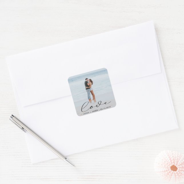 Quadrado Adesivo Personalizado de Casamento com Letra Elega (Envelope)