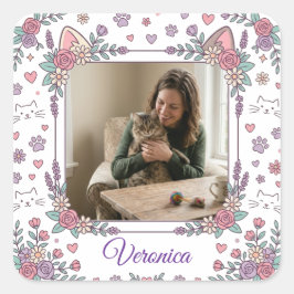 Quadrado Adesivo Personalizado de Gato com Foto e Nome da M