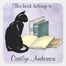 Quadrado Adesivo Personalizado de Gato e Livros