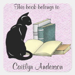 Quadrado Adesivo Personalizado de Gato e Livros