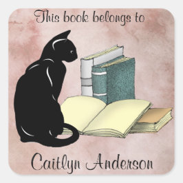 Quadrado Adesivo Personalizado de Gato e Livros