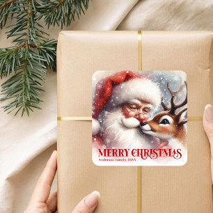 Quadrado Adesivo Personalizado Natal Doce Papai Noel Rudolp