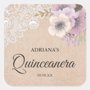 Quadrado Adesivo Quinceanera Floral Rosa com Renda de Sarja