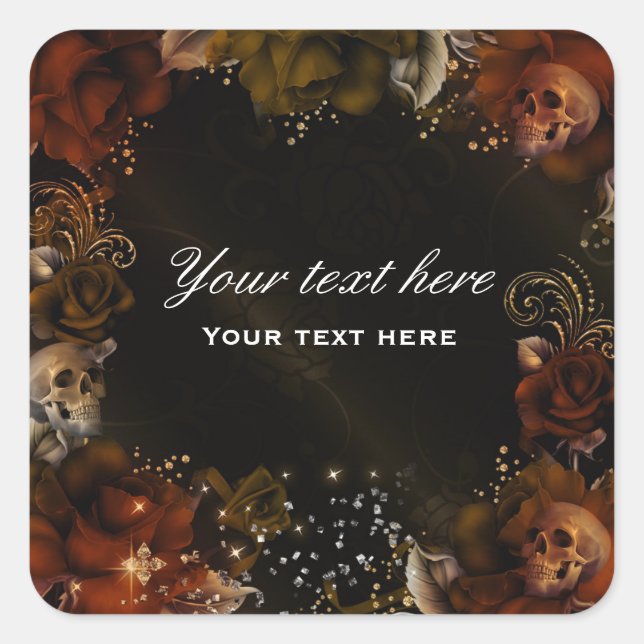 Quadrado Adesivo rótulo gótico de rosas laranja marrons + c (Frente)