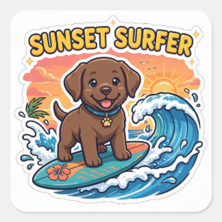 Quadrado Adesivo Sunset Surfer — Chocolate Labrador Surfand