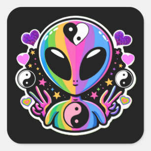 Quadrado Adesivo Yin Yang Alien Arco-íris   Símbolo da Paz 