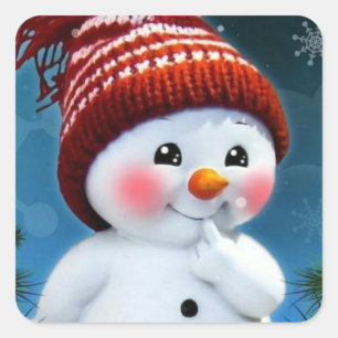 Quadrado Adorável Boneco de Neve com Adesivo de Chapéu Verm
