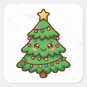 Quadrado Árvore de Natal Sorridente Fofa Adesivo Kawaii