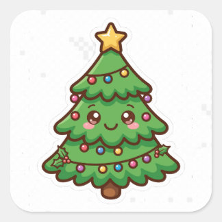 Quadrado Árvore de Natal Sorridente Fofa Adesivo Kawaii