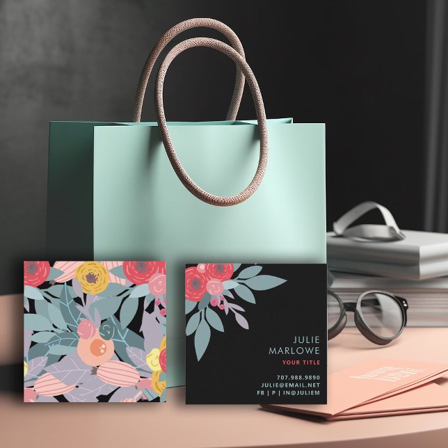 Quadrado Boho Floral Cartão de visita (Criador carregado)