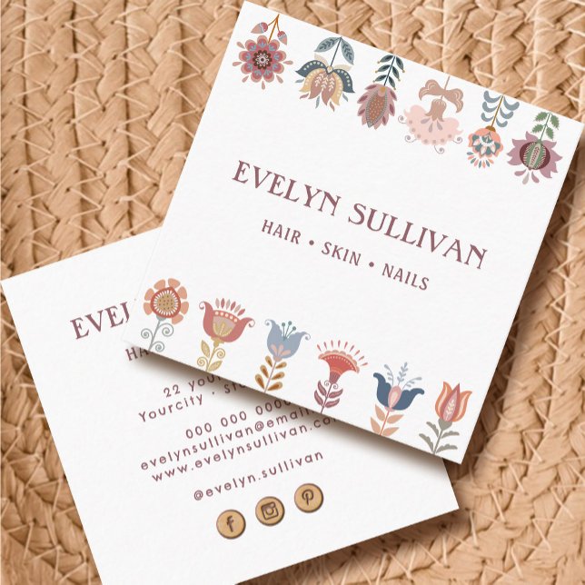 Quadrado boho folheto flores cartão de visita quadradas (Criador carregado)