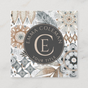 Quadrado Boho Monogramas Cartão de visita de Folha Floral