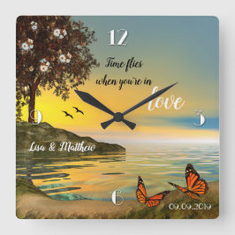 Quadrado Borboletas Adoram Relógio do Lago Sunset