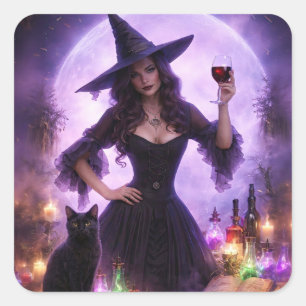 Quadrado Bruxa de Halloween e Vinho Adesivo Fofo