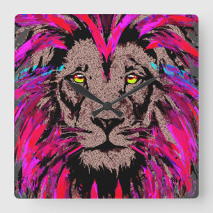 Quadrado Cabeça De Leão Rosa - Relógio De Leão - Retrato De