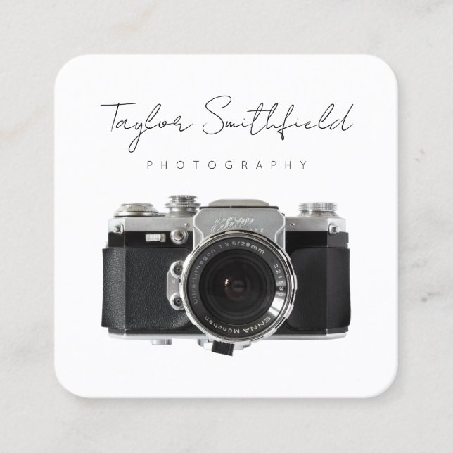 Quadrado Câmera de cinema fina linha Cartão de visita de fo (Frente)