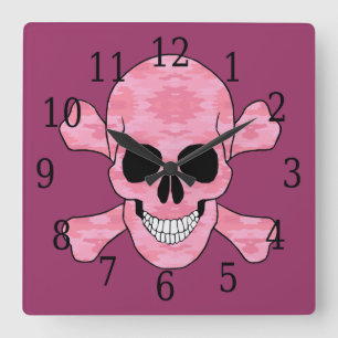Quadrado Camuflagem Rosa Crânio E Crossbones Relógio