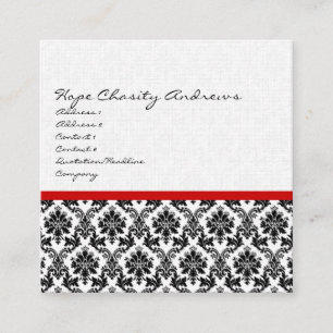 Quadrado Cartão de visita Black White Damask with Red Trim