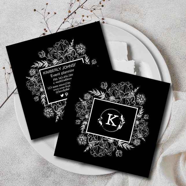 Quadrado Cartão de visita Branco Botânico Moderno (Modern Botanical Black White Business Card #blackwhite #modern #rustic #wildflower)