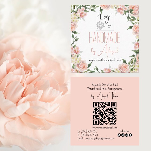 Quadrado Cartão de visita de artesanato com mão flexível do (Pink Rose Floral Handmade Crafting Logo QR Code Square Business Cards)