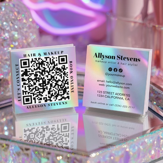 Quadrado Cartão de Visita de Cabelo e Maquiagem com Código  (Holographic Unicorn Bold QR Code Hair & Makeup Square Business Card)