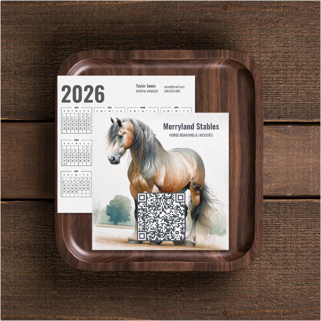 Quadrado Cartão de visita de Calendário do Código QR 2026 d (Horse QR Code 2026 Calendar Business Cards (front and back))